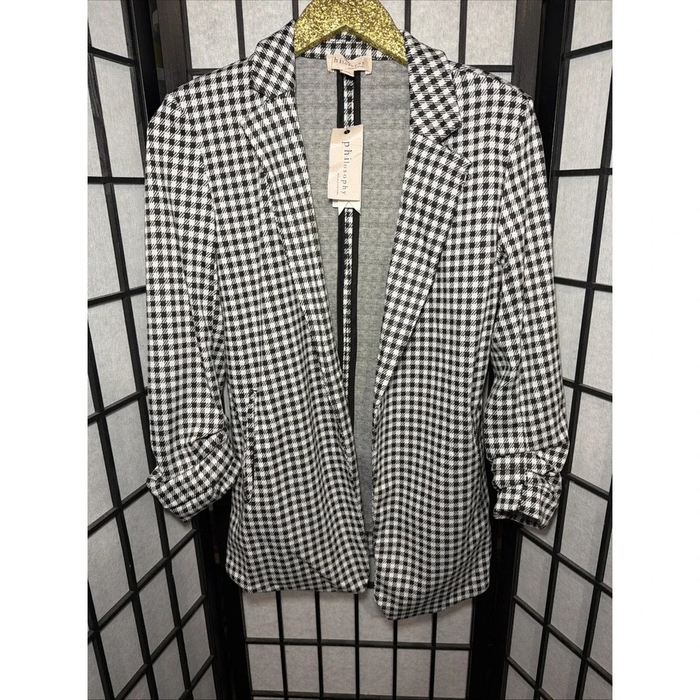 Philosophy‎ Womens Sz Small Blazer Black White Gingham Jacket Office NWT